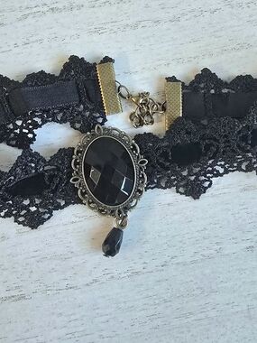 Black Lace Gothic Choker Necklace with Faceted Pendant